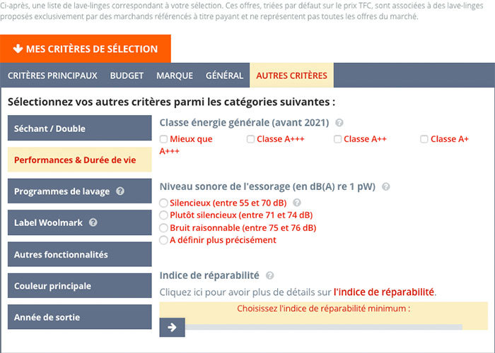 Visuel illustrant le filtre permettant de chercher les lave-linges sur Electromenager-Compare en fonction de leur indice de r�parabilit�