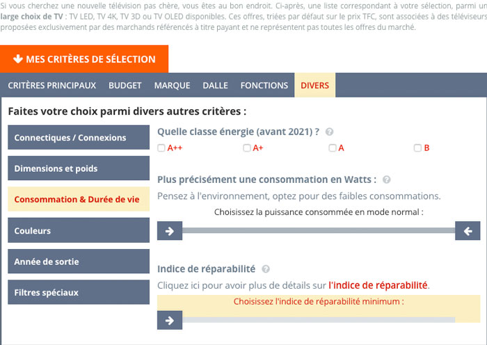 Visuel illustrant le filtre permettant de chercher les TV sur LCD-Compare en fonction de leur indice de r�parabilit�