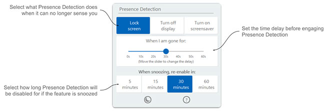 Visuel pr�sentant les options de r�glages Presence Detection