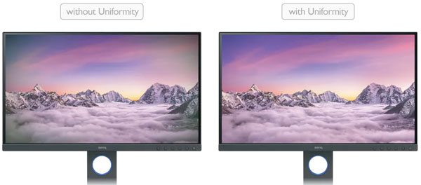 Visuel comparant le rendu d'un �cran standard avec un mod�le BenQ Uniformity Technology