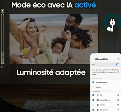 Visuel repr�sentant le mode �conomie d'�nergie avec intelligence artificielle sur une TV Samsung