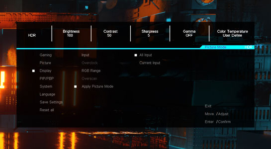 Visuel pr�sentant la fonction Apply Picture Mode dans le menu de r�glages d'un moniteur Gigabyte 