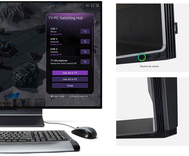 Visuels pr�sentant le partage de p�riph�riques entre une TV LG et un ordinateur via la fonction Switching Hub
