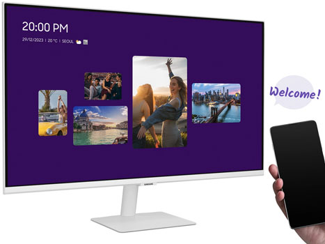 Visuel pr�sentant l'affichage de contenus synchronis�s depuis un appareil mobile sur un �cran Smart Monitor avec fonction My Contents