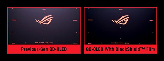 Visuel comparant le rendu des noirs entre un �cran QD-OLED classique et un mod�le avec BlackShield