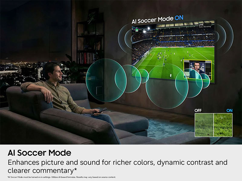Visuel pr�sentant l'AI Soccer Mode sur une TV Samsung