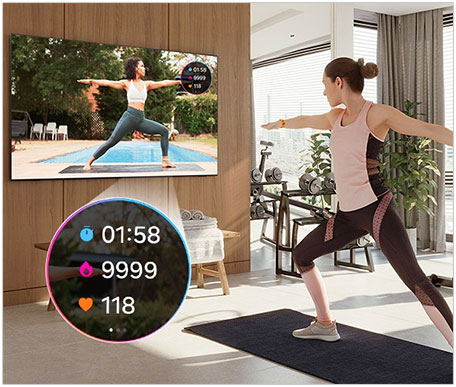 Visuel pr�sentant les informations d'entra�nement affich�es sur une TV Samsung avec la fonction Workout Tracker