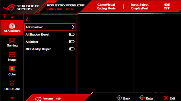 Interface de r�glage de certaines fonctions ROG A.I. Assistant Technology