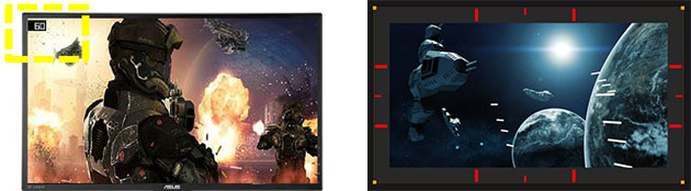 Visuel repr�sentant le compteur FPS et la fonction d'alignement d'�cran accessibles sur certains �crans Asus GamePlus