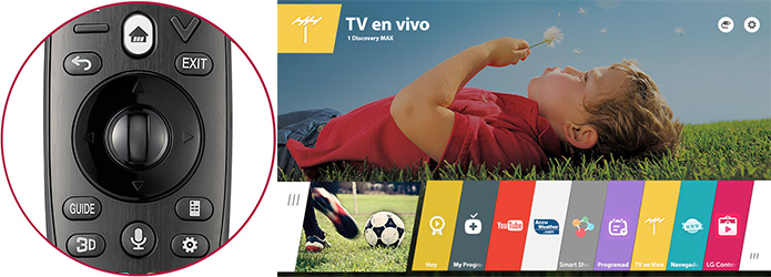 Visuel de l'interface LG WebOS 2.0 et de la t�l�commande AN-MR600 facilitant la navigation