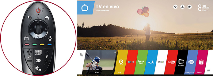 Visuel de la premi�re version de l'interface LG WebOS et de la t�l�commande AN-MR500 destin�e � faciliter la navigation