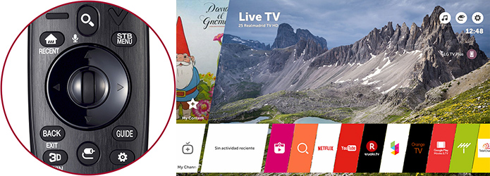 Visuel de l'interface LG WebOS 3.0 et de la t�l�commande AN-MR650 - AN-MR600 MR15R facilitant la navigation