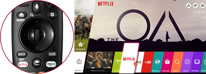 Visuel de l'interface LG WebOS 3.5 et de la t�l�commande facilitant la navigation