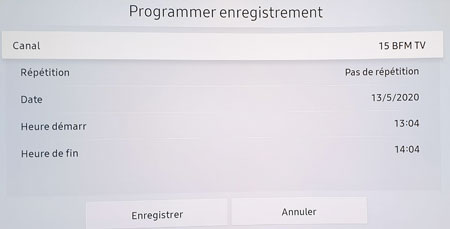 Visuel repr�sentant la programmation d'un enregistrement sur une TV avec magn�toscope num�rique