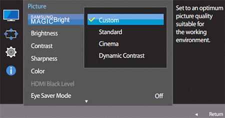 Menu de r�glage de la fonction Samsung Magic Bright