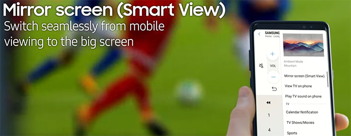 Visuel représentant le fonctions de partage d'affichage entre un appareil mobile et une TV compatible SmartThings