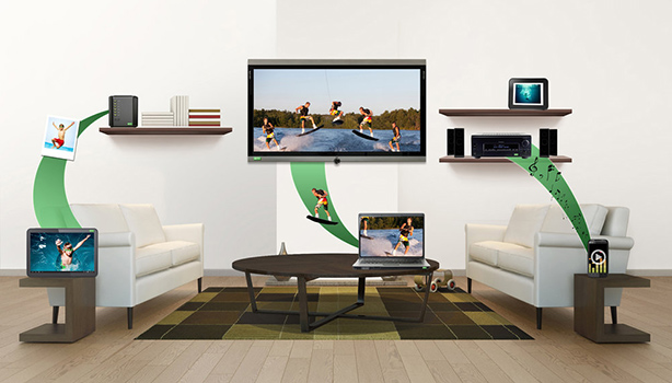 Visuel repr�sentant le partage de contenus multim�dia entre plusieurs �quipements compatibles DLNA connect�s en r�seau