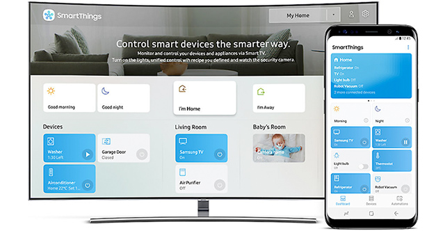 Visuel représentant le contrôle SmartThings des TV Samsung Q Smart