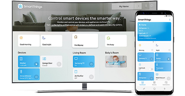 Visuel repr�sentant le contr�le SmartThings des TV Samsung Q Smart
