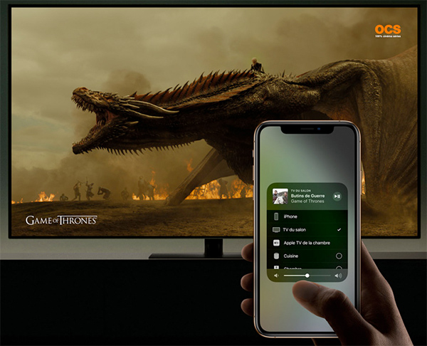 Visuel repr�sentant le partage d'un flux audio / vid�o d'un appareil mobile Apple vers une TV au travers du syst�me AirPlay 2