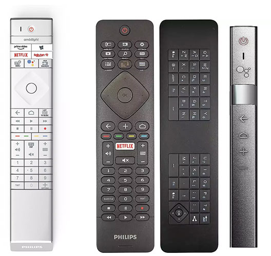 Visuel représentant différentes télécommandes fournies selon les modèles de TV Philips OLED+