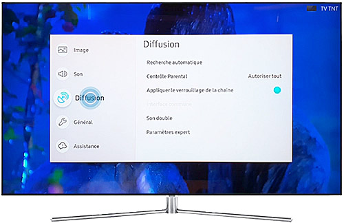 Visuel représentant la fonction de contrôle parental disponible dans le sous-menu diffusion de certaines TV Samsung