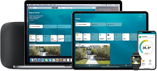 Visuel repr�sentant des appareils Apple administrant les objets connect�s compatibles HomeKit via l'application maison