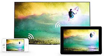 Visuel rep�sentant l'allumage sans fil d'une TV par un appareil mobile via la technologie WOW afin de partager un contenu