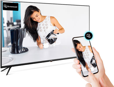 Visuel représentant la duplication d'un appareil mobile sur l'écran d'une TV Smart-Tech compatible Screencast