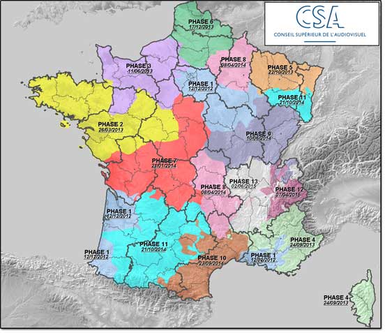 Carte prévisionnelle du déploiement hertzien des six nouvelles chaînes TNT en France métropolitaine Carte prévisionnelle du déploiement hertzien des six nouvelles chaînes TNT en France métropolitaine