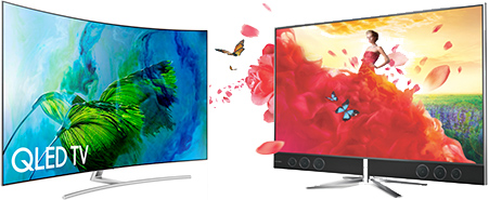 TV avec points quantiques : à gauche une TV Samsung QLED, à doite une TV TCL Quantum Dot Illustrations de TV avec points quantiques (TV QLED et TV Quantum Dot)