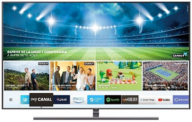 TV connectée Samsung avec application MyCanal Visuel représentant une TV connectée de la marque Samsung permettant d'utiliser l'application MyCanal