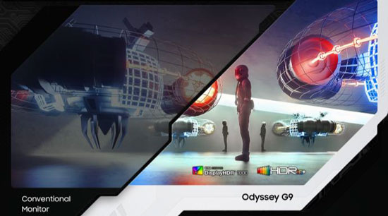 Les moniteurs Odyssey sont labellisés DisplayHDR Illustration des capacités HDR de l'écran Samsung Odyssey G9 labellisé DisplayHDR1000
