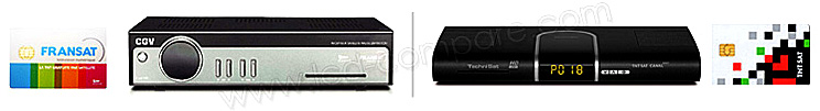 A gauche, le décodeur CGV E-SAT HD-W et la carte d'accès FranSat, à droite le décodeur TechniSat HD VA et la carte d'accès TNTSat