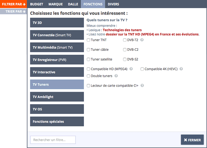 LCD-Compare : filtre sur les fonctionnalités Filtre sur les fonctionnalités des TV avec LCD-Compare