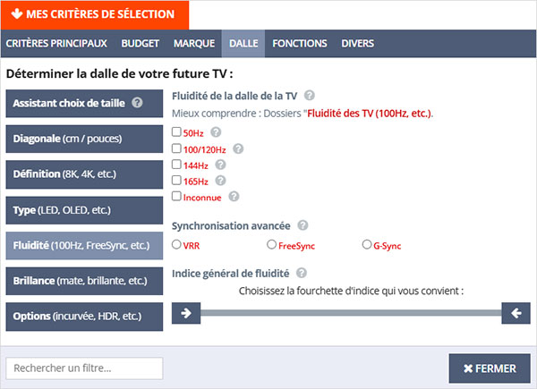 Illustration de certains filtres de recherche TV propos�s sur LCD-Compare