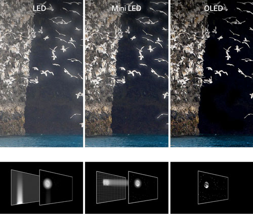 Contraste et profondeur des noirs d'un écran OLED en comparaison à d'autres technologies Visuel représentant les performances d'un écran OLED en comparaison à d'autres technologies d'affichage