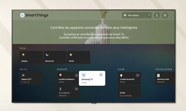 TV connectée : centre de contrôle d'objets connectés Visuel représentant l'interface regroupant différents objets connectés pilotables depuis la TV