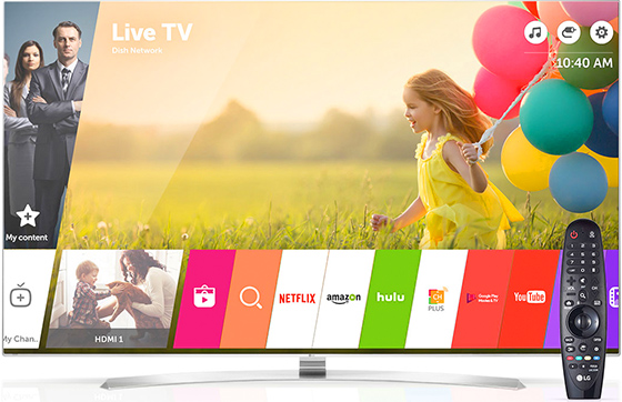 Visuel de l'interface WebOS présente dans certaines TV connectées LG Illustration d'une TV connectée LG WebOS
