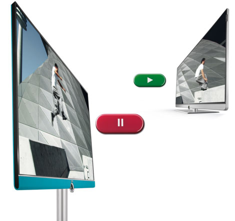 La fonction Follow-Me permet de faire du Multiroom entre différentes TV connectées Loewe Illustration de la technologie Multiroom permettant le partage de l'affichage entre plusieurs TV Loewe Follow-Me