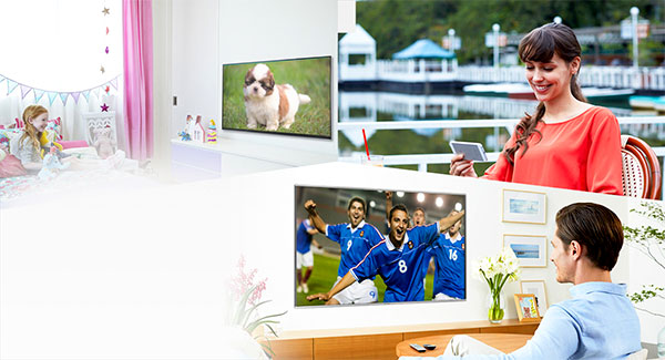 Illustration de la technologie Multiroom permettant le partage de l'affichage entre plusieurs TV Panasonic In-House TV Streaming