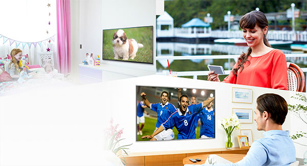 La technologie In-House TV Streaming permet de faire du Multiroom entre différentes TV connectées au même réseau informatique Illustration de la technologie Multiroom permettant le partage de l'affichage entre plusieurs TV Panasonic In-House TV Streaming