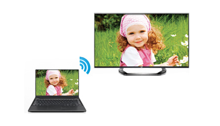 Illustration de la transmission sans fil des signaux d'un ordinateur vers une TV connectée compatible WiDi Illustration de la transmission sans fil des signaux d'un ordinateur vers une TV connectée compatible WiDi
