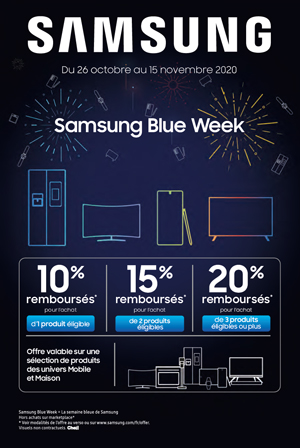 ODR Samsung Oct./Nov. 2020 : Blue Week - Jusqu'� 20% rembours�s pour l'achat de 3 produits ou plus